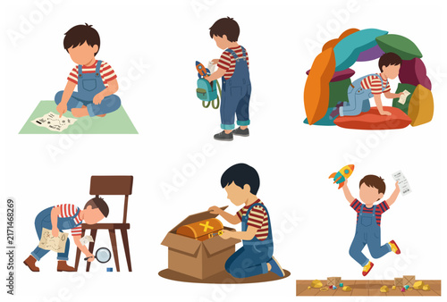 Set of vector illustrations featuring a cute little boy on a treasure hunt adventure, playing with maps, magnifying glass, and finding treasure.