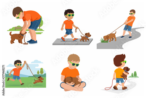 Set of flat vector illustrations of a young boy walking, playing with, and caring for his puppy dog in various outdoor scenes.