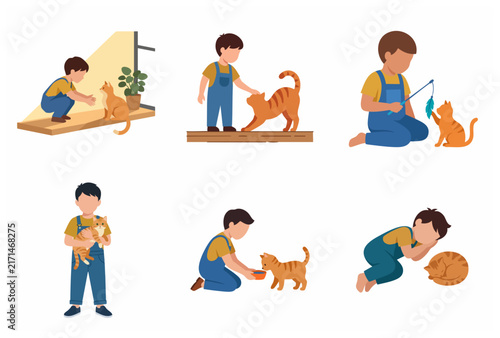 Little boy and ginger cat interaction set flat vector illustration featuring child playing petting feeding and sleeping with pet