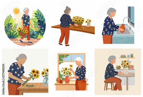 Set of Illustrations of a Senior Woman Gardening and Arranging Sunflower Bouquets