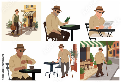 Collection of Flat Vector Illustrations Featuring an Elegant Senior Man Enjoying Leisure Activities at a City Cafe