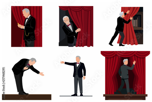 Master of ceremonies or theater host in tuxedo performing various actions on stage with red curtains, flat vector illustration set