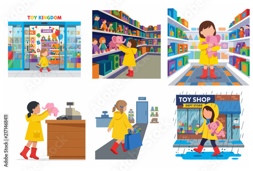 Little girl in yellow raincoat buying a pink elephant plush toy at a toy store, flat vector illustration set