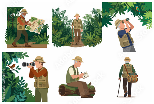 Set of illustrations featuring a senior male explorer in a tropical jungle, birdwatching, hiking, and using a map