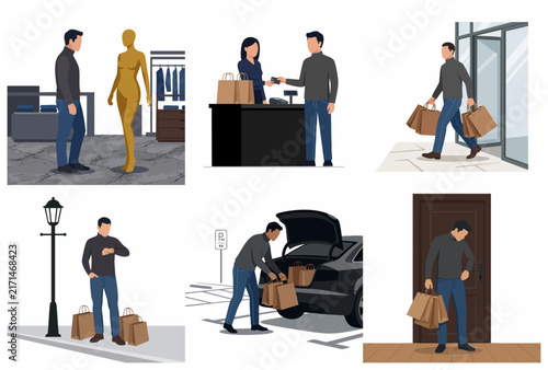 Flat vector illustration showing the sequence of a man shopping from choosing clothes to arriving back home with bags.