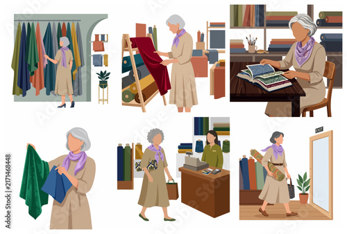 Senior woman choosing and buying fabrics in a textile shop illustration set
