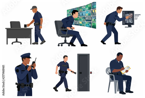 Security guard character set performing various duties in blue uniform flat vector illustration
