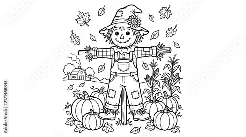 Line art illustration of a friendly scarecrow with pumpkins and corn stalks, surrounded by falling autumn leaves and a farm house in the background.