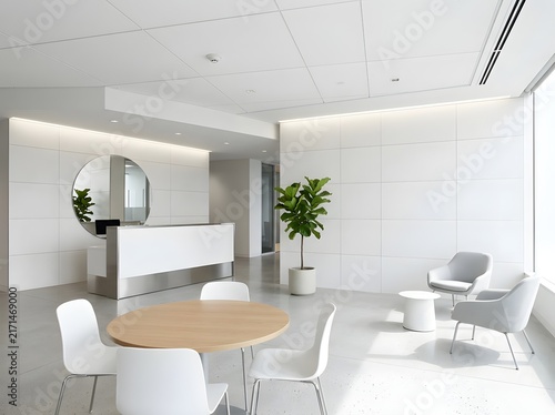Modern minimalist corporate office reception area with white furniture and round table