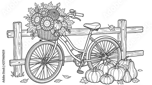 Vintage bicycle with a basket full of autumn flowers and pumpkins, leaning against a wooden fence. Line art.