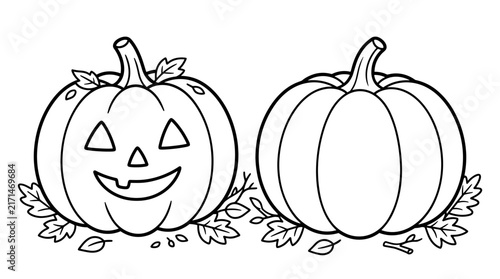 Two pumpkins, one carved with a face, surrounded by autumn leaves, black and white line art illustration