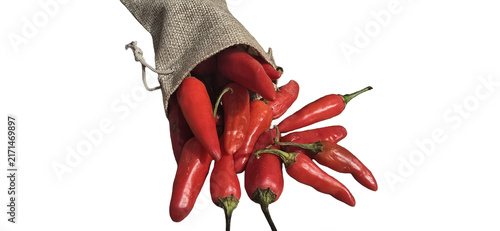 Fotografie Spicy red chili peppers spilling from burlap sack