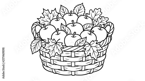 Woven basket overflowing with ripe apples and autumn leaves, simple line art illustration