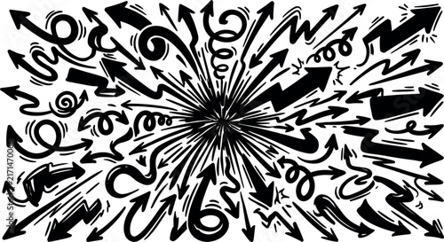 Hand Drawn Arrow Explosion Line Art Icon Set Featuring Curved Spiral Wavy and Radial Burst Arrows Vector Illustration