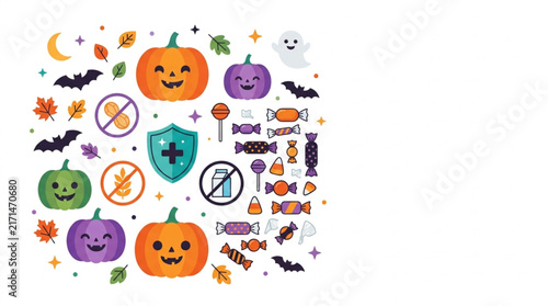 Halloween pumpkins and candy icons with autumn leaves and spooky bats celebrating holiday fun