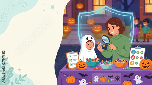 Mother and child in ghost costume examining candy with magnifying glass at Halloween street fair booth