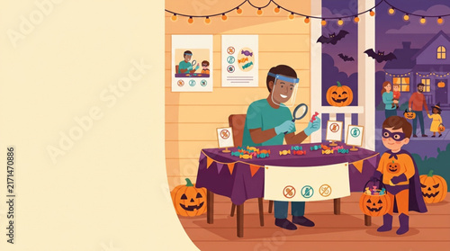 Father and son crafting Halloween decorations together at a table outdoors on a festive evening