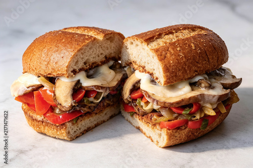 Portobello mushroom Philly cheesesteak sandwich cut in half with melted cheese, bell peppers and onion on marble surface