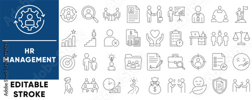HR management and human resources editable stroke line icon set. Recruitment, teamwork, career, and employee business vector elements for UI/UX design. Minimalist outline icons