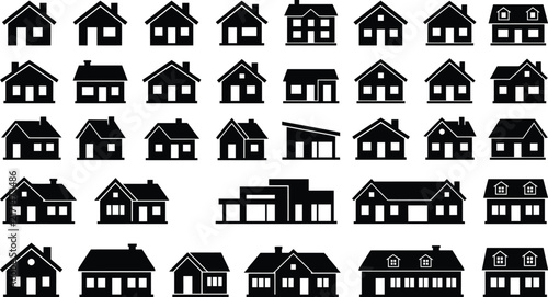 Collection of various residential house icon designs featuring diverse architectural styles and structural silhouettes for real estate branding projects