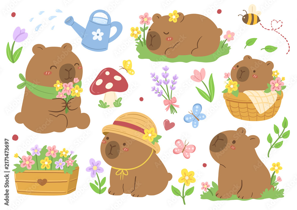 Fototapeta premium Sweet little capybaras playing outdoors surrounded by blooming spring flowers and butterflies
