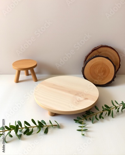 Rustic wooden display stands and natural elements for product photography