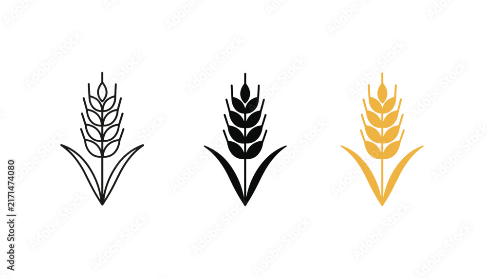 Obraz premium Three different design styles of a single wheat stalk shown in outline line art, black silhouette, and golden yellow.