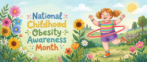 National Childhood Obesity Awareness Month banner with cheerful freckled girl using a hula hoop outdoors, colorful watercolor illustration promoting physical activity