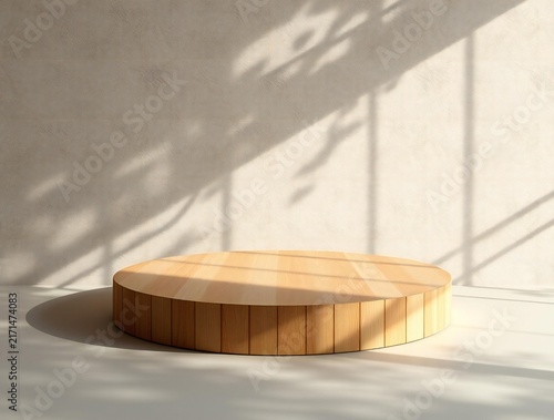 Natural wood slice display stand with dappled sunlight and shadows