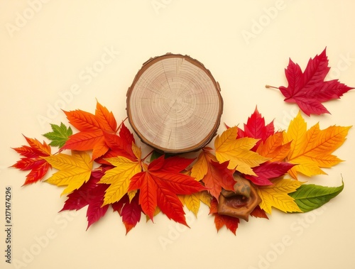 Autumn leaves and wood slice backdrop for photography
