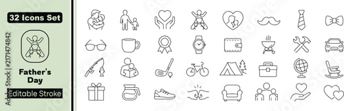 32 Father's Day Vector Outline Icons Set – Father, Family, Gift, Sports, Outdoor and Dad Celebration Line Symbols Collection