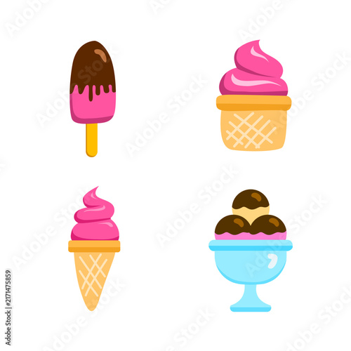 Chocolate pink popsicles soft serve waffle cups cones sundae bowls dessert icons.