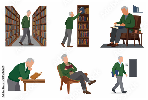 Vector illustration set of an elderly man engaging in reading activities, visiting a library, browsing bookshelves, and relaxing with books.