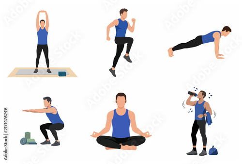 Collection of man doing fitness workout exercises and sports activities flat vector illustration