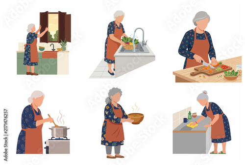 Set of Elderly Woman Cooking and Doing Household Chores in Kitchen Flat Vector Illustration