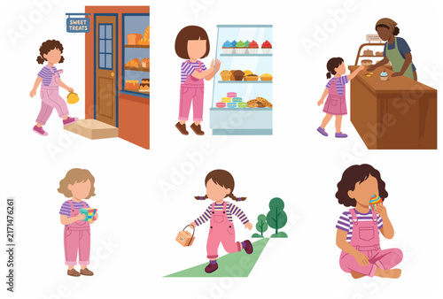 Flat vector illustration set of a little girl visiting a bakery, buying treats, and enjoying a colorful cupcake.