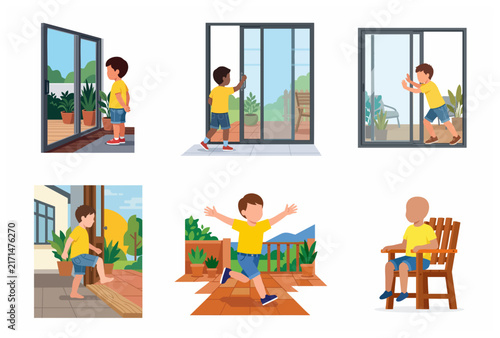 Set of vector illustrations of a little boy opening sliding glass door and playing on a patio balcony