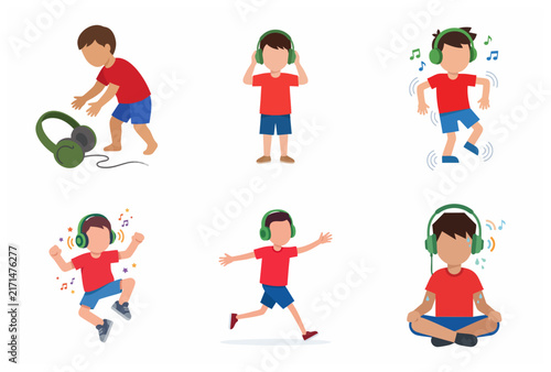 Set of little boy characters wearing headphones and enjoying music in various poses like dancing, running, and relaxing. Flat vector illustration on white background.