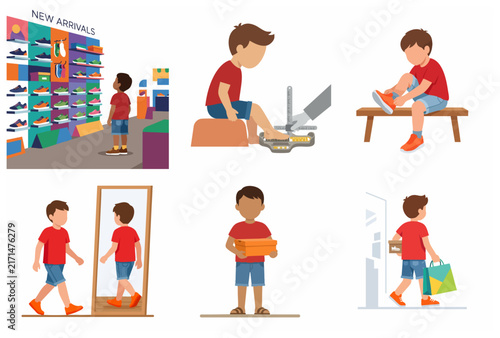 Little boy buying new shoes vector illustration set showing process of choosing, measuring, trying on and purchasing sneakers.