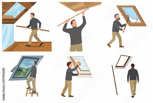 Set of flat illustrations showing a man maintaining, opening, and cleaning skylights in an attic room.