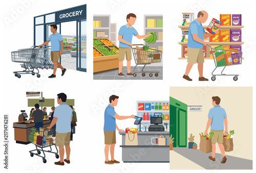 Vector illustration set of a man shopping at a grocery store, picking products, paying at checkout and leaving with bags