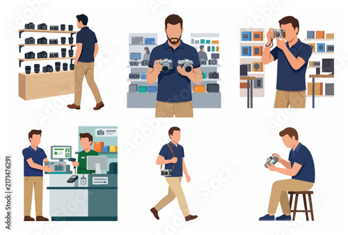 Flat vector illustration set showing the process of buying and using a digital camera in a retail store, from browsing to purchasing and photography.