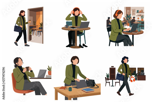 Set of flat vector illustrations of a professional woman working remotely in a cafe with a laptop and headphones