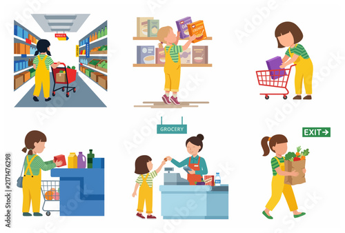 Little Girl Grocery Shopping Illustration Set, Child Character Buying Healthy Food in Supermarket, Flat Design Vector