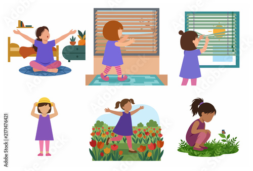 Collection of Cute Girl Daily Life Activities and Nature Exploration Illustrations