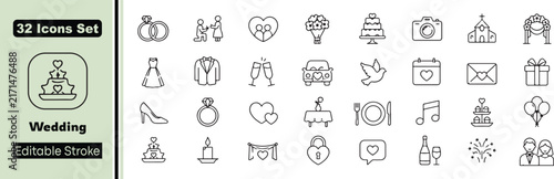 32 Wedding Vector Outline Icons Set – Rings, Bride, Groom, Wedding Cake, Ceremony and Marriage Celebration Line Symbols Collection