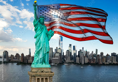 New York City with American flag. New York City patriotic background. Iconic New York City skyline. New York City banner template.