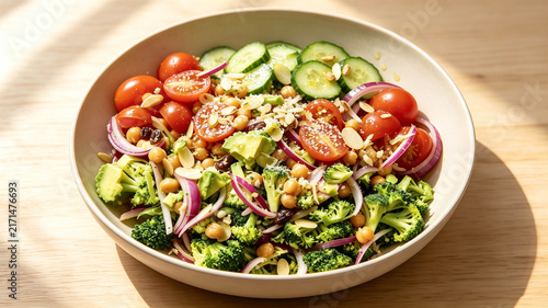Top view chopped broccoli and chickpea salad with red onion, raisins, almond slices and cheese crumbles in ceramic bowl, healthy plant‑based meal