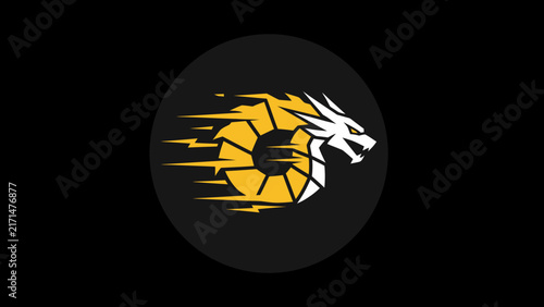 A dynamic logo featuring a white dragon head combined with a yellow circular element and speed lines on a black background.