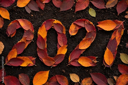 Autumn composition with orange fallen leaves forming 2027 numbers on dark ground in rustic style